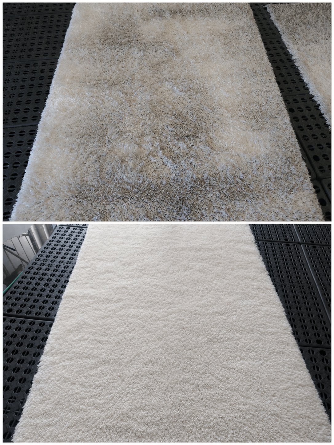 Area rug before and after cleaning, shown stacked